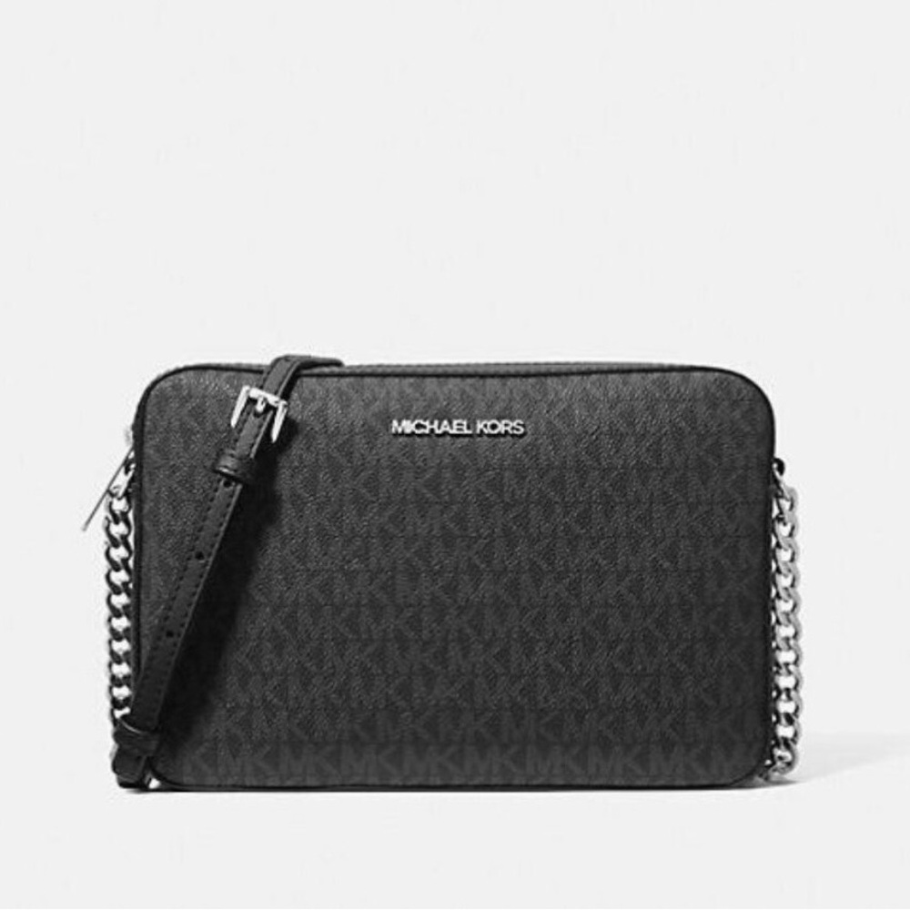 Michael Kors Black Logo-Print Leather Crossbody with Chain Strap